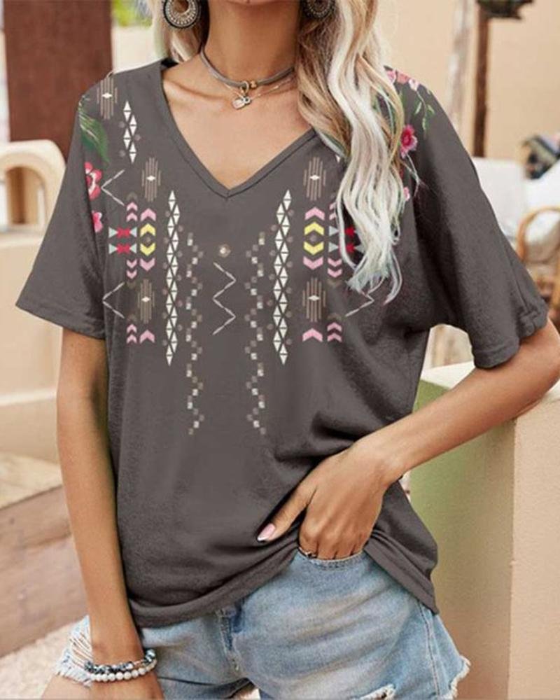 Women's Floral Print Ethnic Style Short Sleeve  T-Shirt-030902