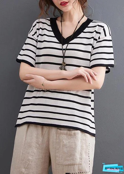 Vintage White Striped Cotton Linen Tops Summer