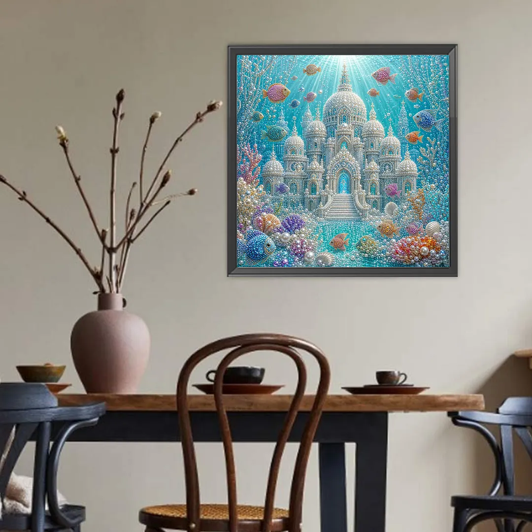 Underwater Castle Pearl Full DIY 5D Round Drill Gem Art Diamond Painting Kits 15.75x15.75 in Diamond Dots Paintings Picture Arts Craft Diamond Art Kits for Adults Beginner Home Wall Decor