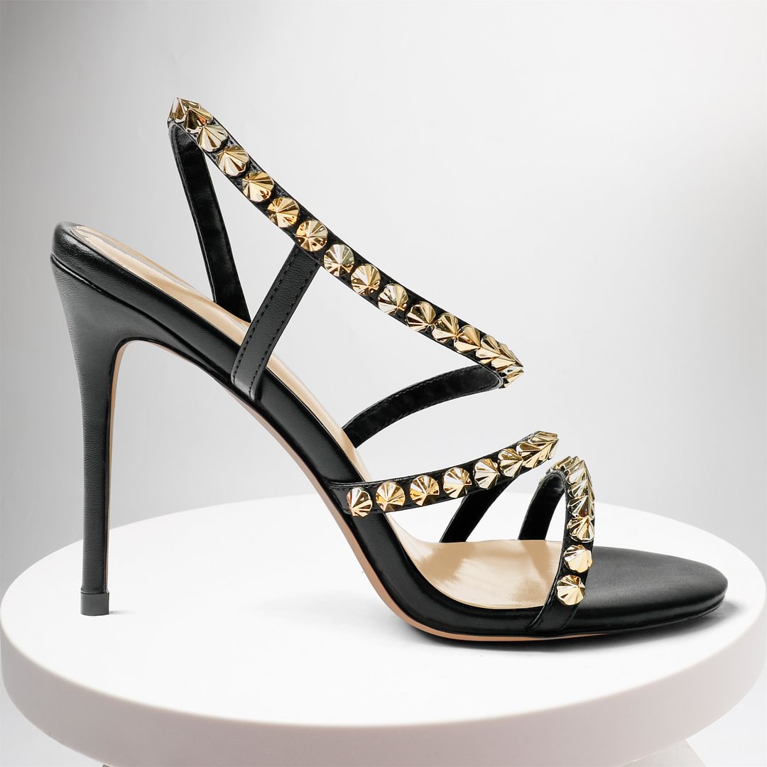 10CM/4 inch Elastic Strap Gold Studded Stilettos Sandals