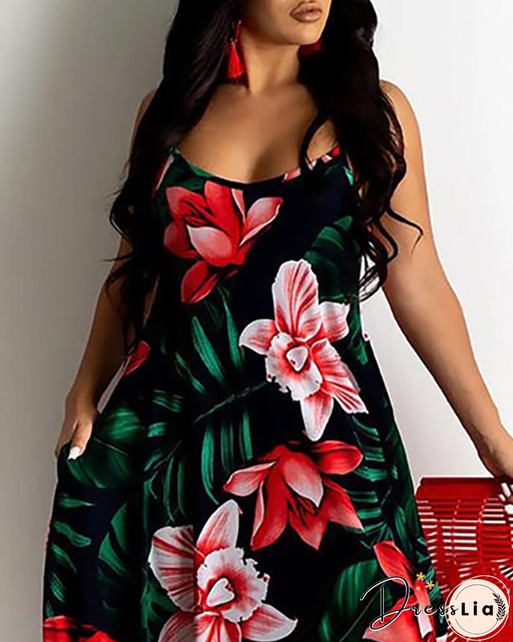 Floral Leaf Print Spaghetti Strap Maxi Dress
