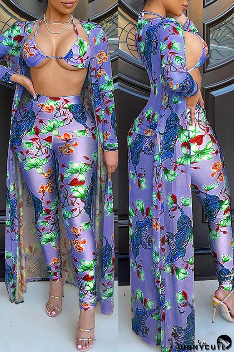 Blue Fashion Sexy Print Bandage O Neck Long Sleeve Three-piece set