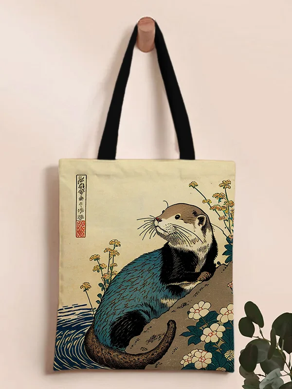 Floral Otter Water Japanese Art Print Tote Shoulder Bag