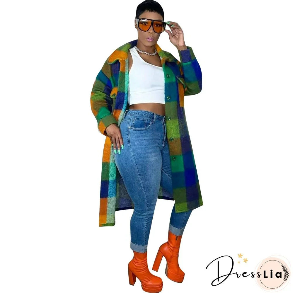 Plaid Lapel Single-breasted Woolen Long Coat