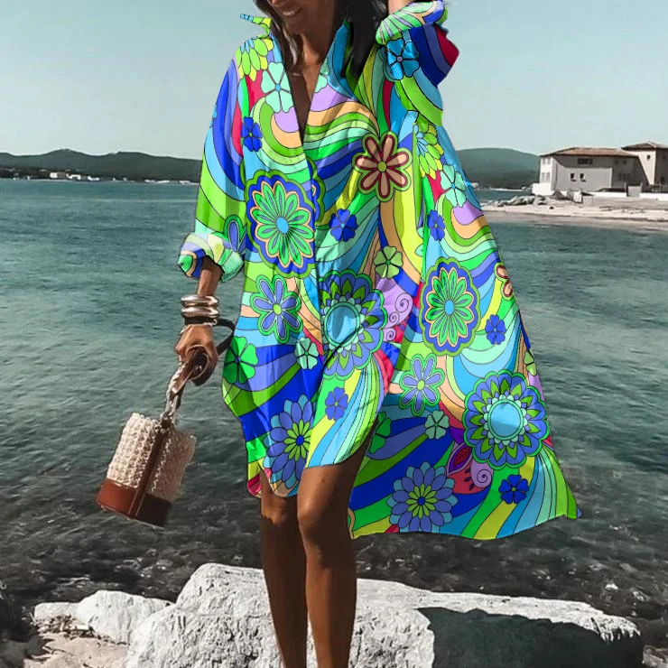 Hippie-Print Loose-Fitting Shirt Midi Dress
