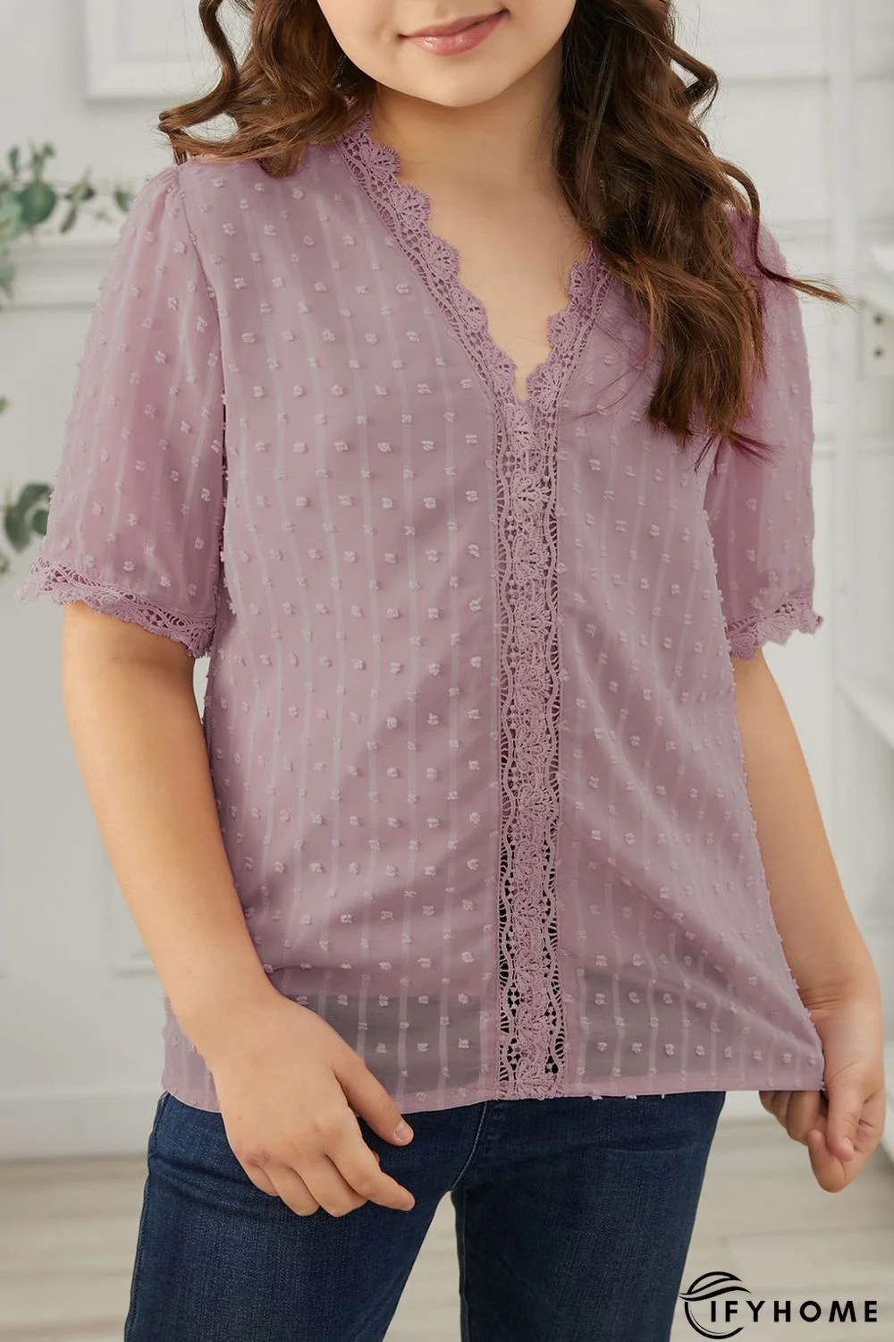 Pink Swiss Dot Lace Short Sleeve Girls Top | IFYHOME