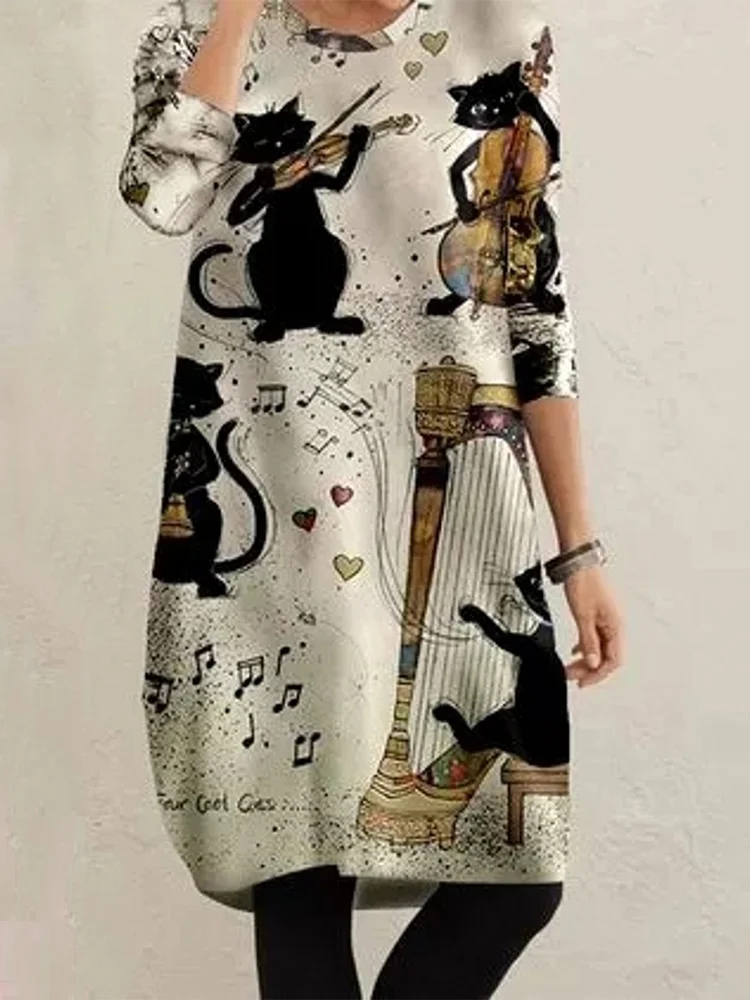 Black Cat Band Printed Long-Sleeve Casual Long Tunic