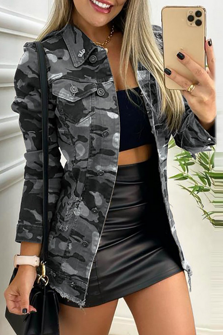 Fashion Camouflage Print Turndown Collar Regular Denim Jacket - Life is Beautiful for You - SheChoic