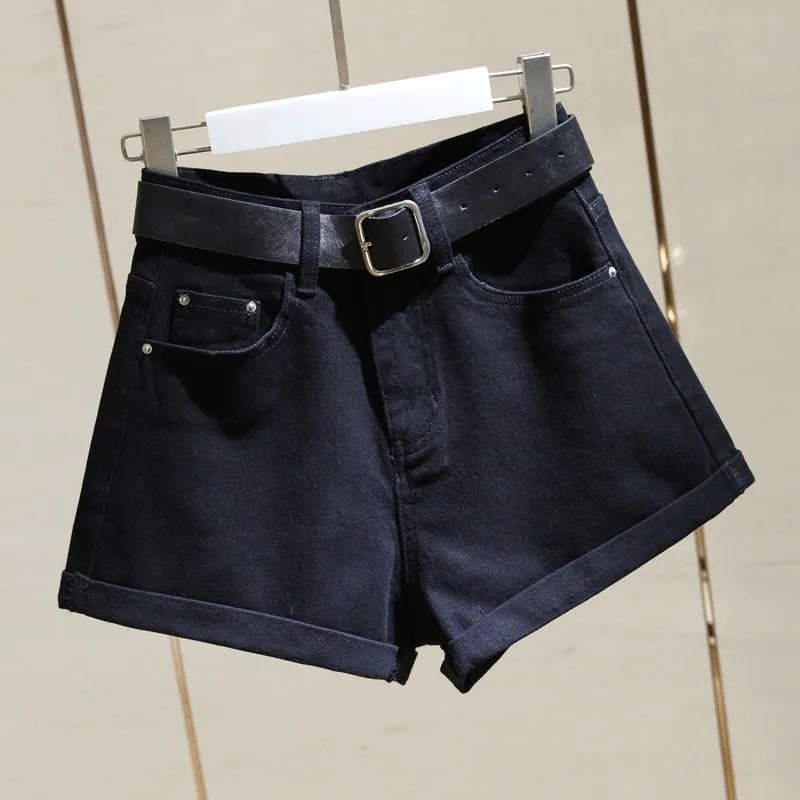 Ailegogo Streetwear High Waist Women Blue Denim Shorts With Belt Summer Casual Female Wide Leg  Size 2xl Jeans Shorts