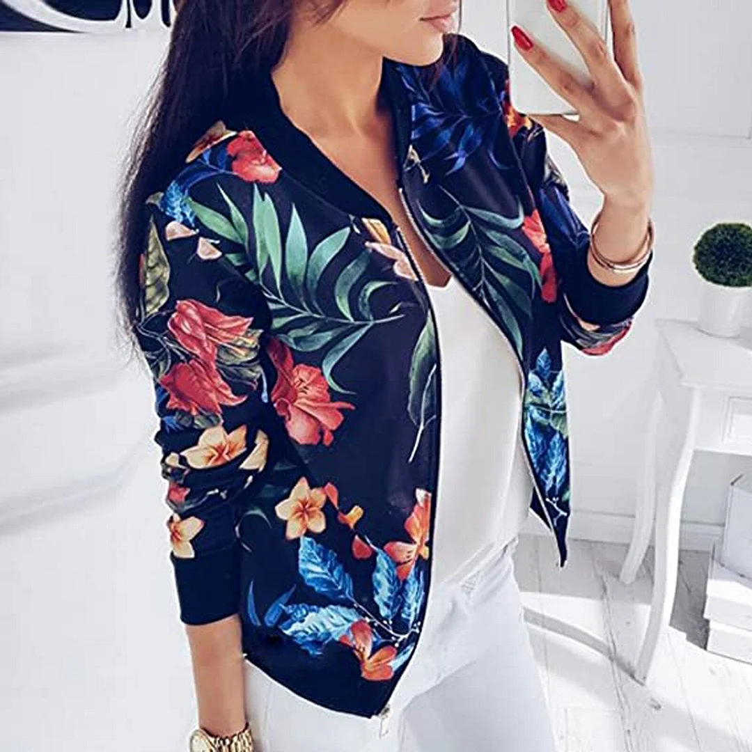  Women Jackets Spring Summer Long Sleeve Zipper Print