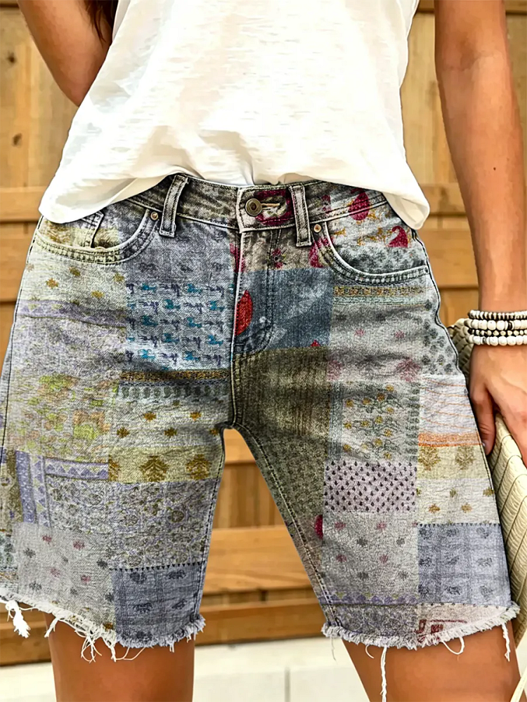 Women's Vintage Patchwork Print Frayed Hem Denim Shorts