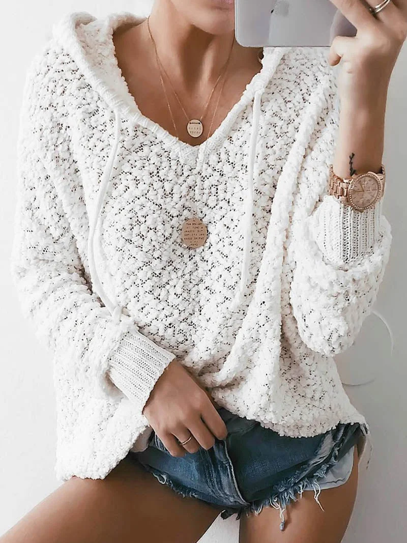 Fitshinling Womens sweaters 2020 winter fashion korean style white pullovers knitwear jumpers solid hooded knitted sweater lady