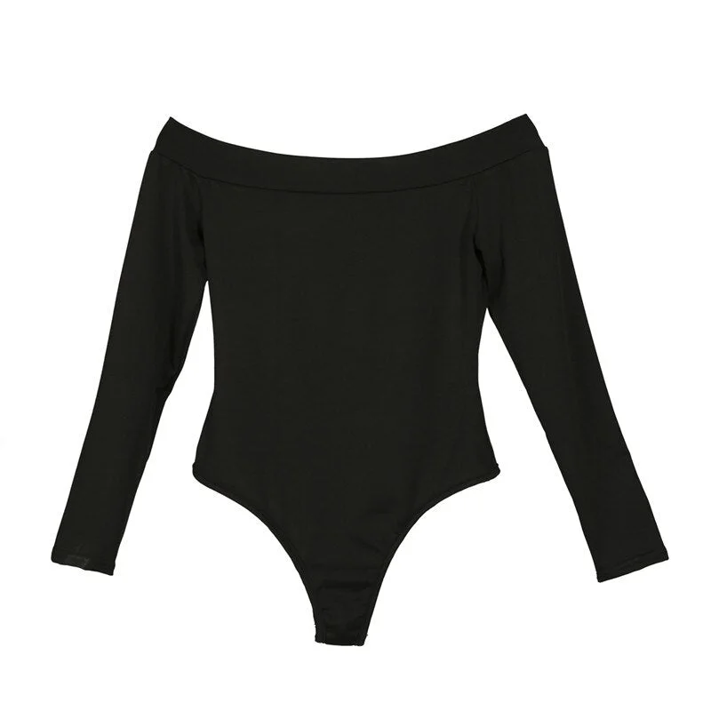 Sexy Bodycon Bodysuit Long Sleeve Square Neck Sheath Open Crotch Basic White Black Overalls Women Skinny Body Top