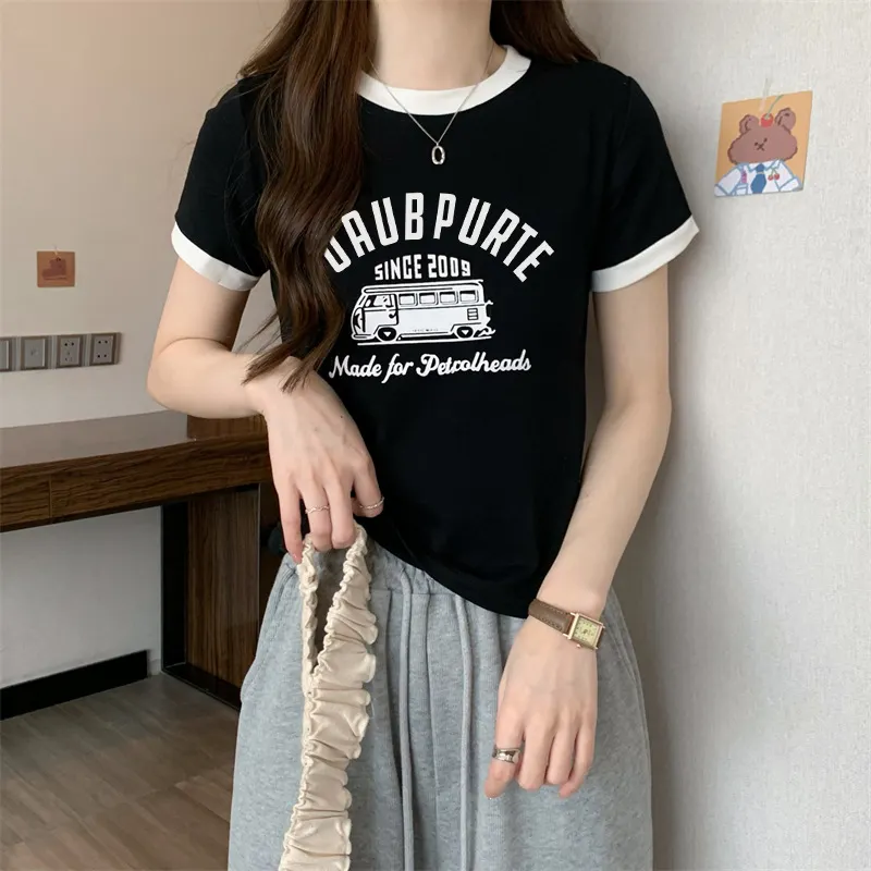 Uveng Uveng Summer New Sweet Hottie Girl Bump Color Round Collar Short Style On The Clothes Design Sense Shows Thin Students Short-Sleeved T-Shirt Girl
