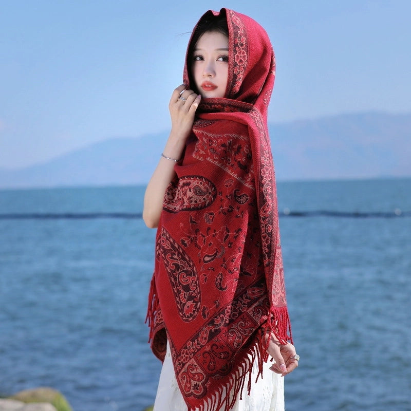Yunnan Lijiang Tourism New Shawl Ethnic Style Scarf Women’s Retro Cape Thickened Cashmere Scarf