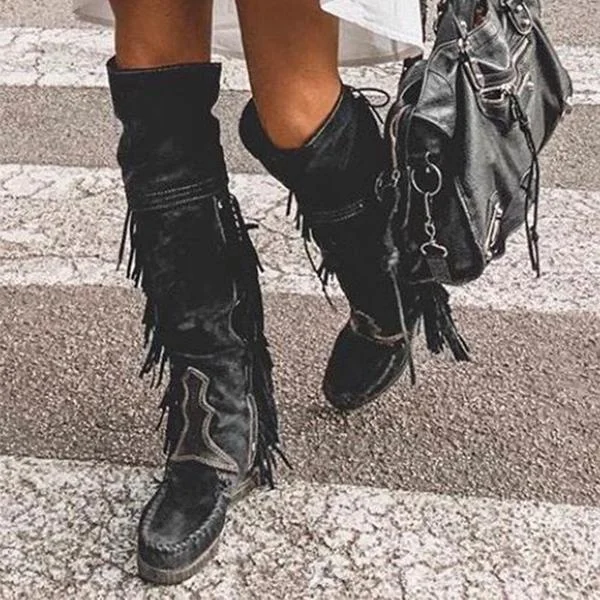HUXM Tassels Buckle Knee Boots