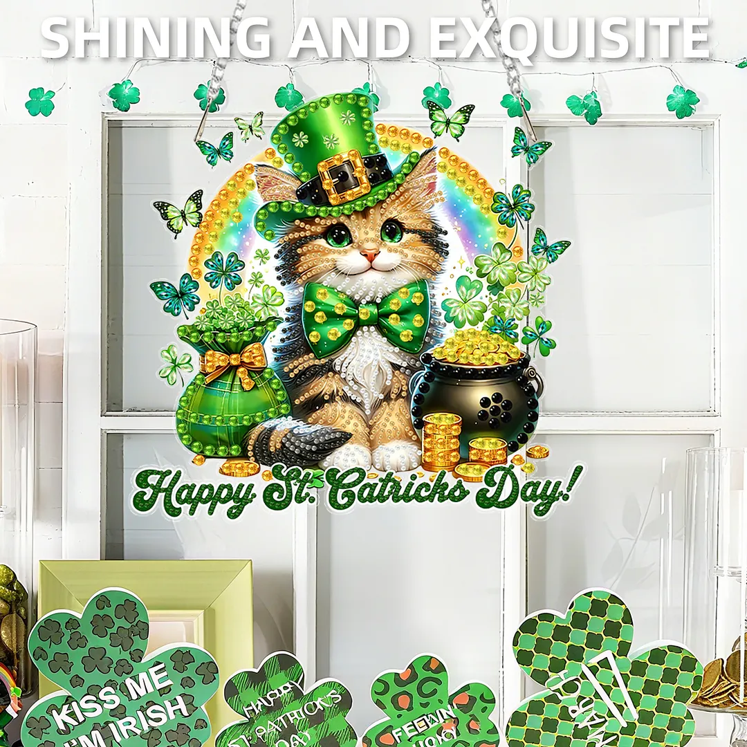 St Patricks Day Cat DIY 2D Flat Acrylic Diamond Painting Kits 5D Diamond Art Painting Window Pendants for Home Garden Wall Decoration