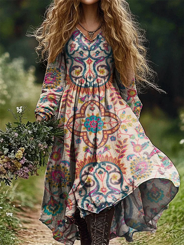 Women's Moroccan Flowers Print Pocket Cotton Dress