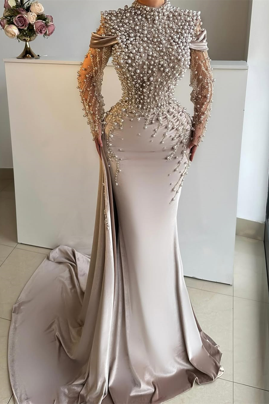 Bellasprom High Neck Long Sleeves Evening Dress Mermaid Long With Pearls Bellasprom