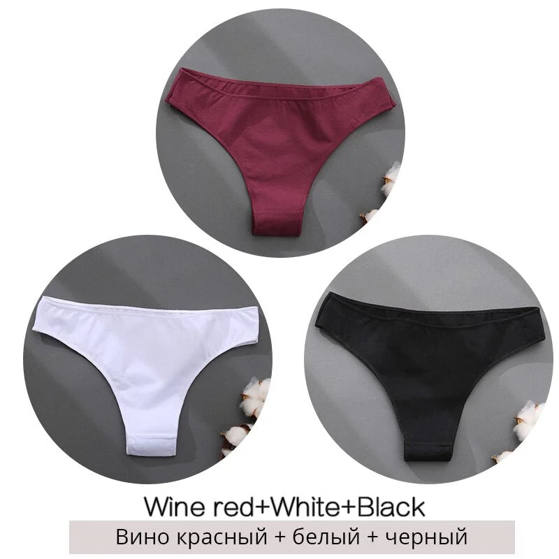 FINETOO 3Pcs/set Cotton Brazilian Panties M-2XL Women Underwear Ladies Soild Color T-back Underpants Sexy Low-rise Panty 2021