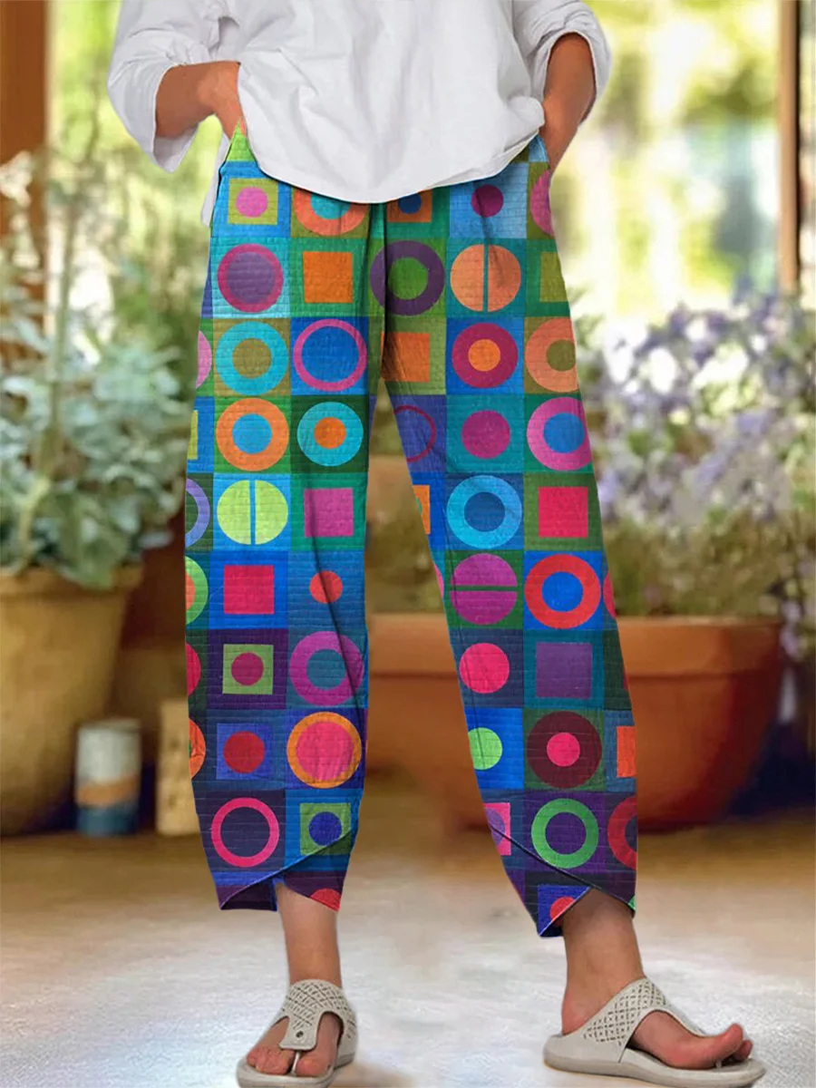 Women's Retro Abstraction Art Printed Cotton And Linen Casual Pants
