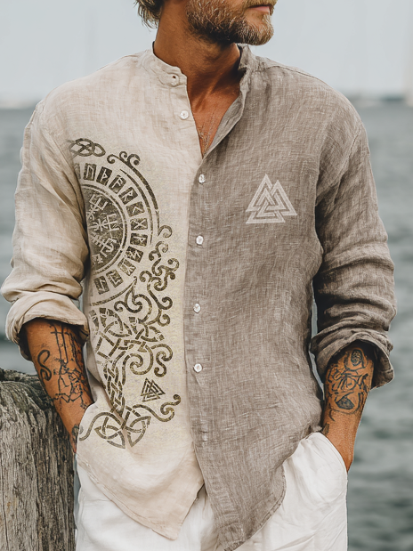 Men's Viking-Inspired Runes Two-Tone Long Sleeve Linen Shirt / Rvogue / Rvogue