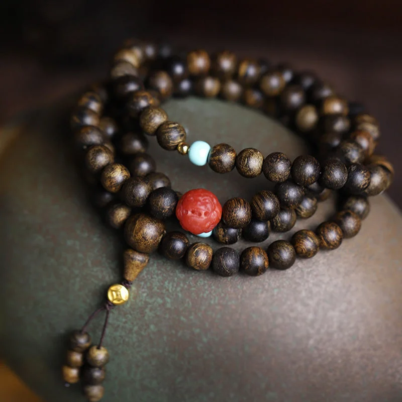 108 Mala Beads Agarwood Red Agate Turquoise Peace Meditation Necklace Bracelet