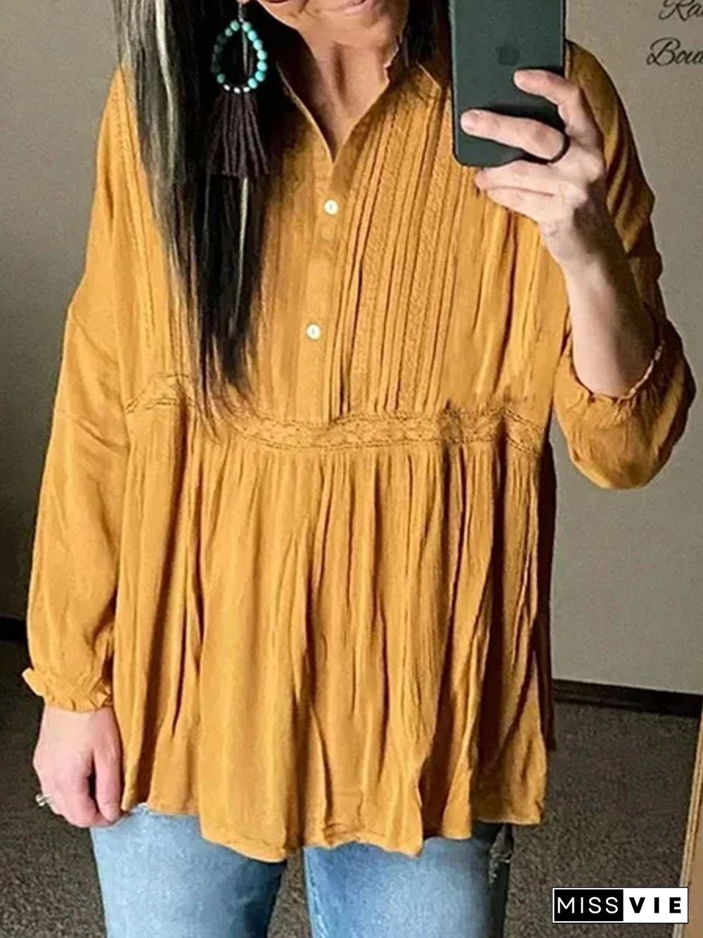 Shift Shirt Collar Plain Casual Blouse