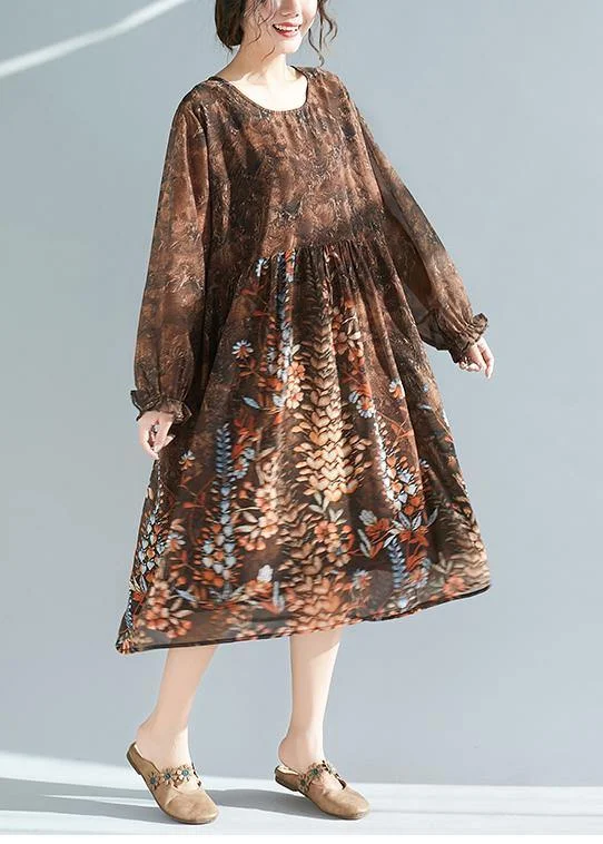 Vivid O Neck Cinched Summer Tunic Catwalk Chocolate Print Plus Size Dresses