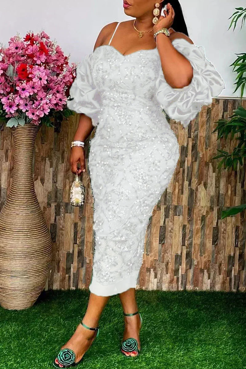 White Celebrities Solid Patchwork Spaghetti Strap One Step Skirt Plus Size Dresses