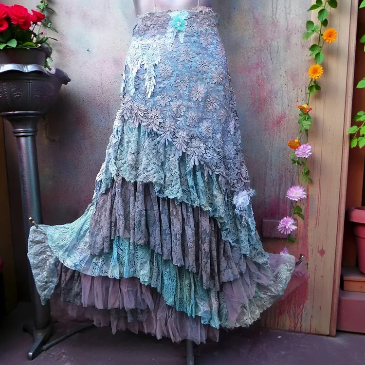 Vintage Colorblock Lace Floral Tiered Maxi Skirt