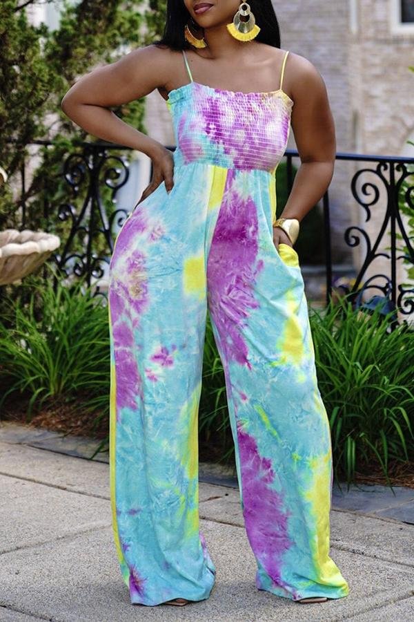 Casual Tie Dye Pleated Suspender Rompers