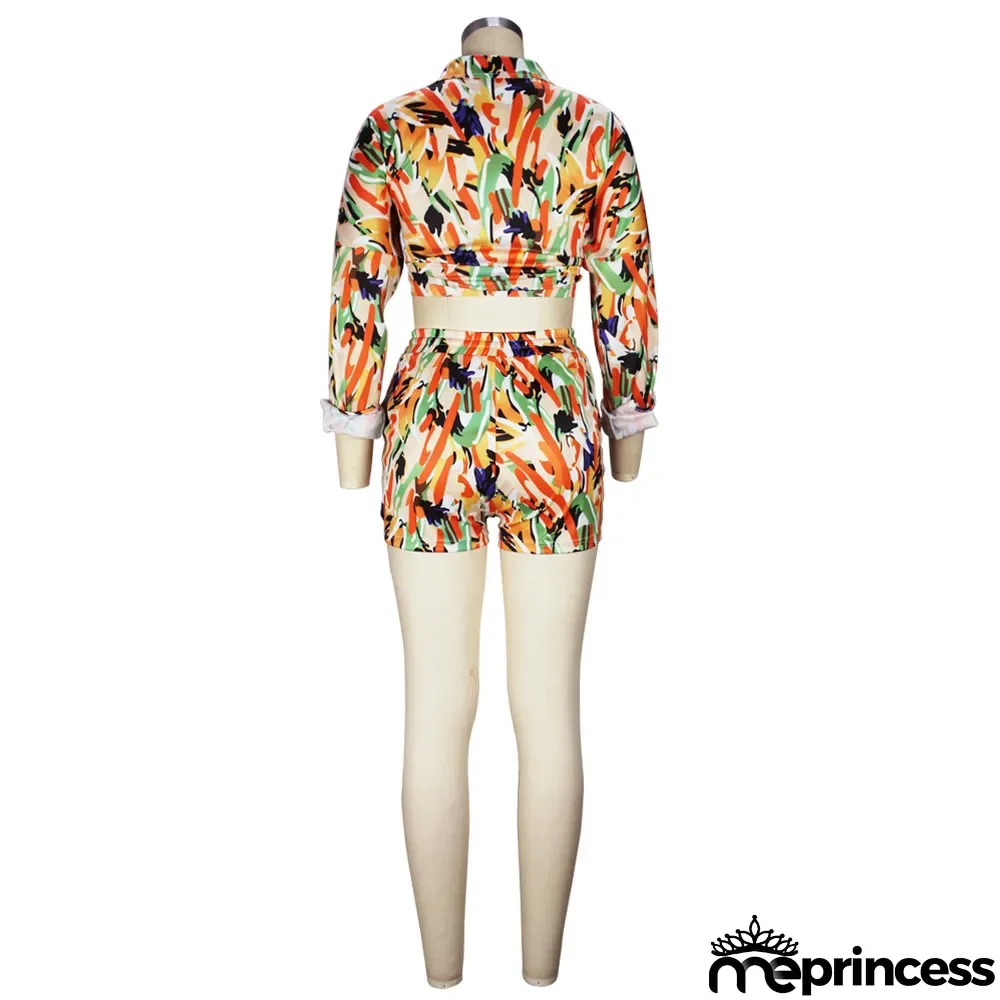 Spring/Summer Knotted Crop Print Turndown Collar Shirt Pants Suit Fall/Winter Women's Two Piece Set