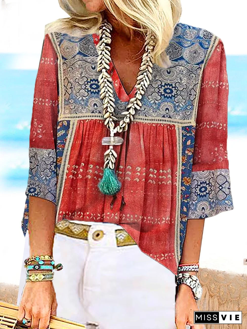 Boho V Neck Loosen Short Sleeve Tops