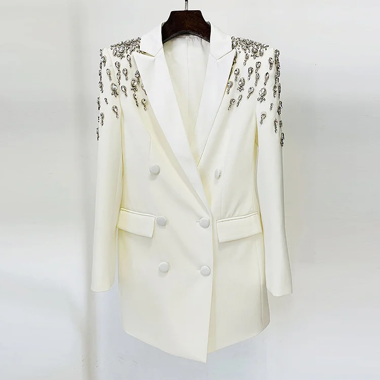 Crystal-Embellished Shoulder Tailored Blazer Dress | Evening Gown & Luxury Outerwear