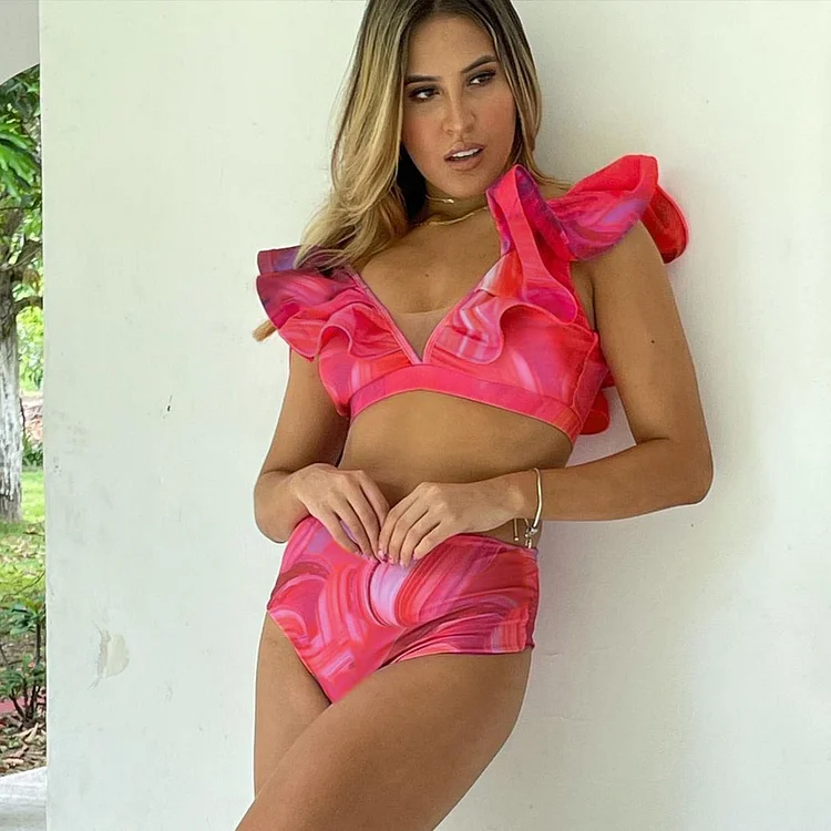 V Neck Ruffle Mesh Splicing Printed Bikini Swimsuit