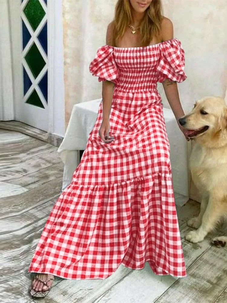 Long Maxi Dress VONDA 2022 Summer Women Casual Short Sleeve Square Collar Vintage Plaid Party Bohemian Vestidos Loose Sundress