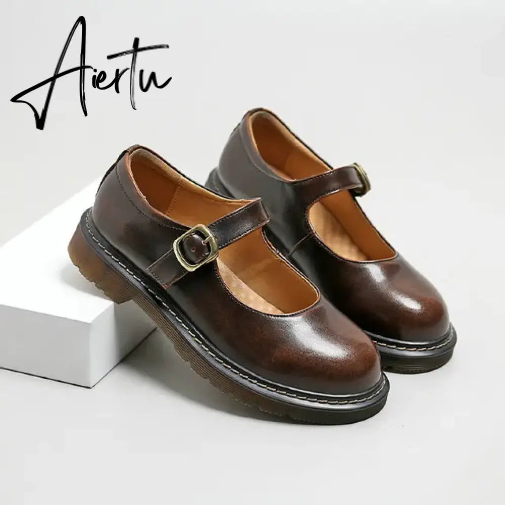 Aiertu New literary Retro Women's Shoes Thick Bottom Mori Girl Japanese Mary Jane Single Shoes College Style Aiertu