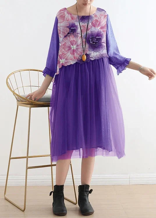 2021 purple flower Tull Maxi dresses patchwork chiffon Summer Dresses