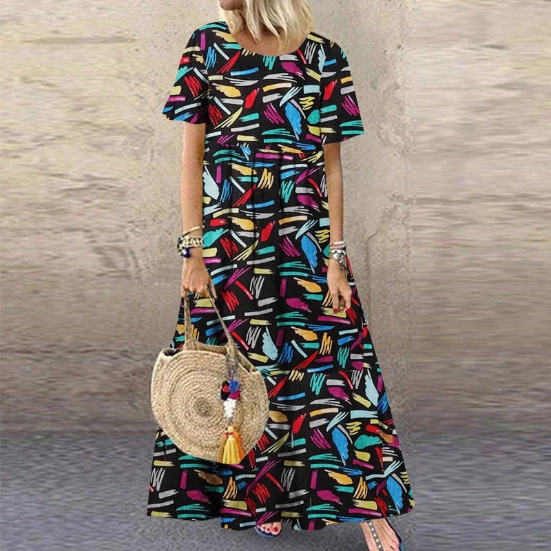 2022 ZANZEA Bohemian Holiday Sundress Summer Women Vintage Floral Printed Short Sleeve Beach Dress Loose Long Vestido Robe Femme