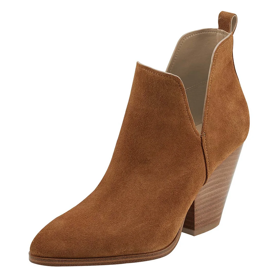 Brown Vegan Suede V Cut-Out Pointed Toe Stacked Heel Ankle Boots