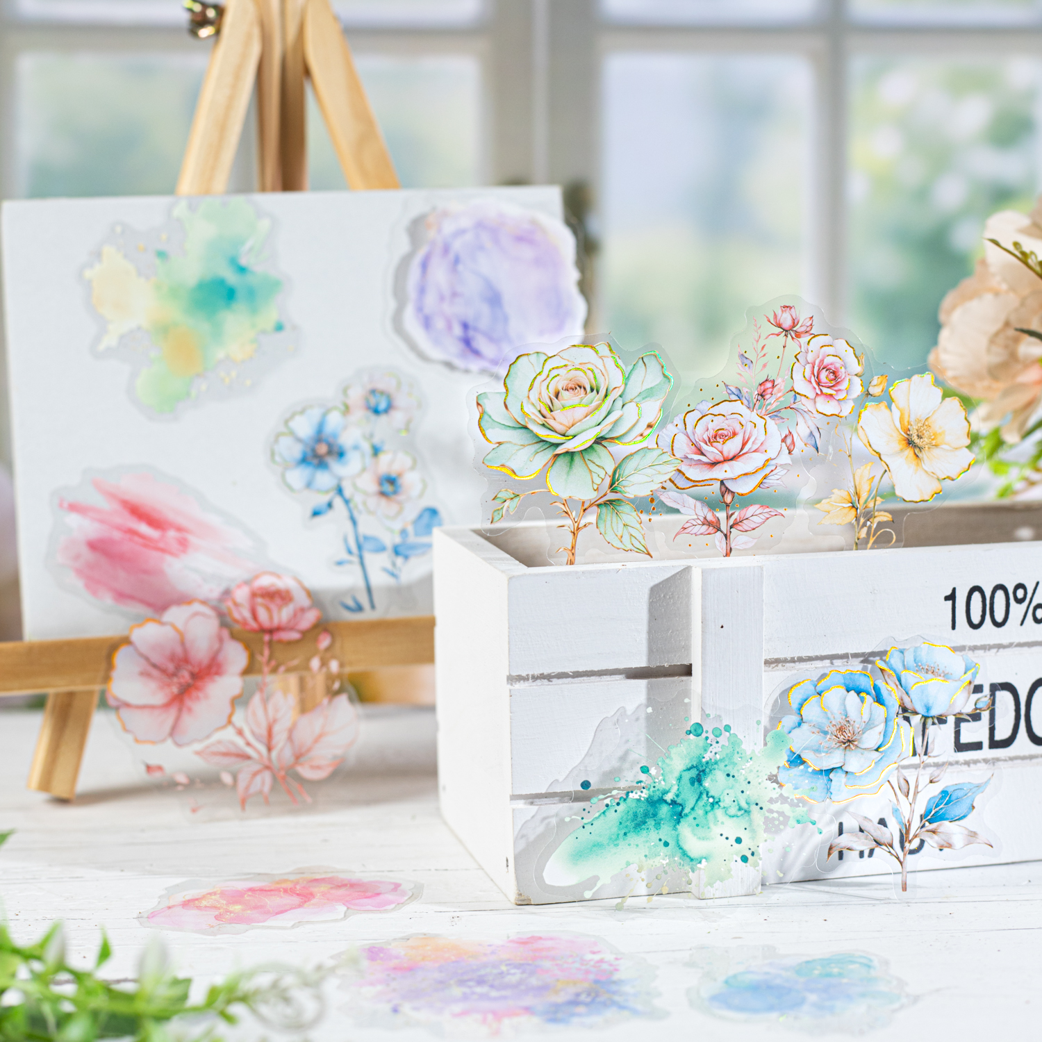 PET 스티커 - 플로럴 섀도우 루미너스 버스 시리즈 빈티지 수채화 꽃