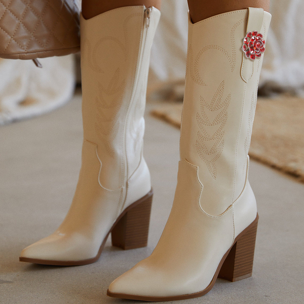 White Vegan Leather Knee Boots Rhinestone Flower Decor Chunky Heel Boots