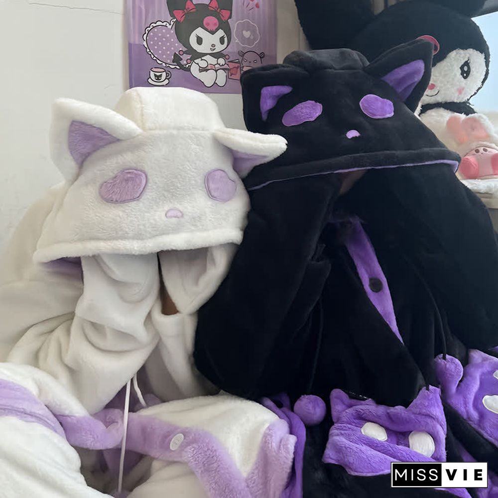 Cartoon Ghost Cat Plush Hooded Pajamas Set