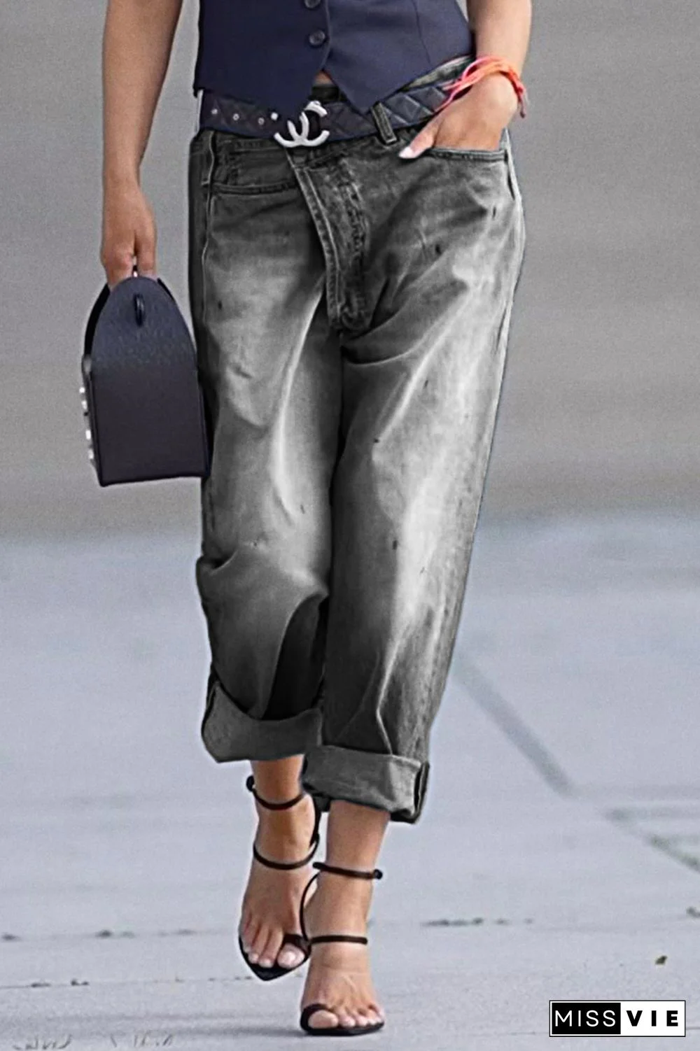 Asymmetrical Waist Mid Rise Straight Leg Jeans Without Belt