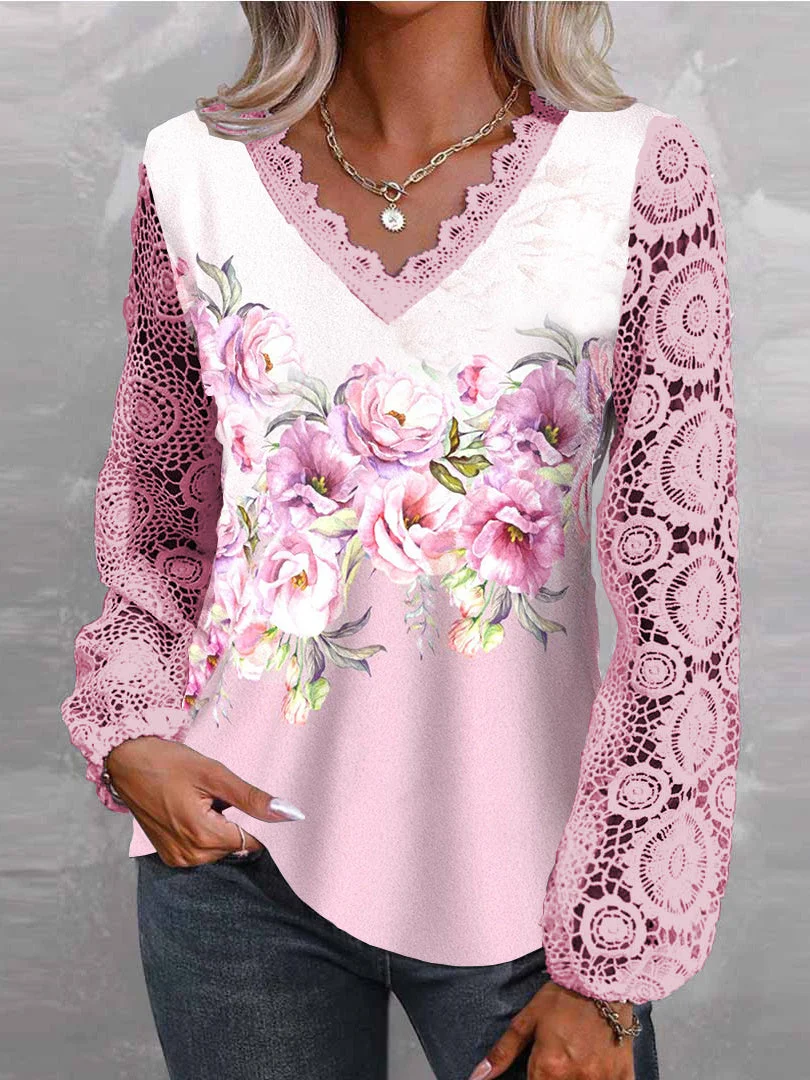 Women plus size clothing Women Long Sleeve V-neck Floral Printed Graphic Lace Tops-Nordswear
