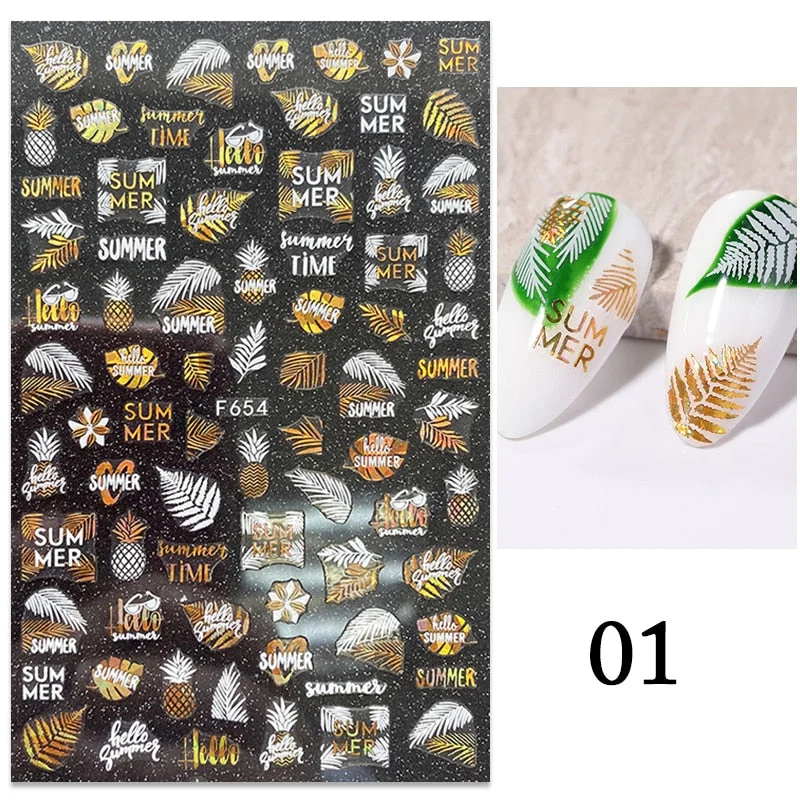 1pcs Black Gold Autumn Leaf 3D Nail Sticker Coconut Tree Leaf Pattern Adhesive Transfer Sticker Shiny DIY Nail Decoration