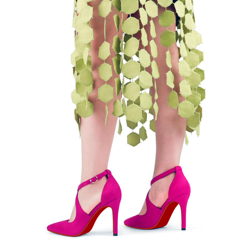 95mm Women's Pointed Toe Cross Strap Heels Ankle Strap Sandals Red Bottoms Pumps Shoes Suede-MERUMOTE