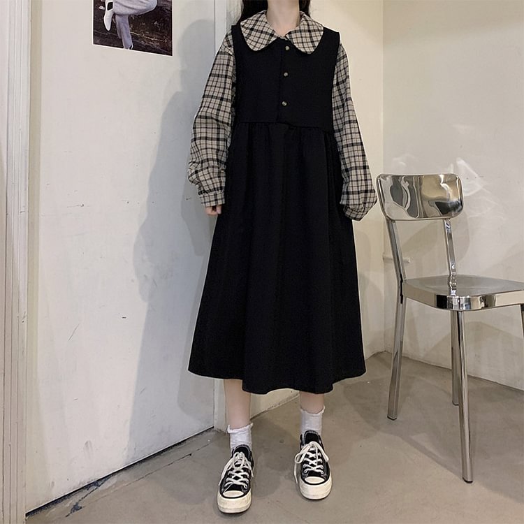 Vintage Plaid Shirt Loose Strap dress Set - Modakawa