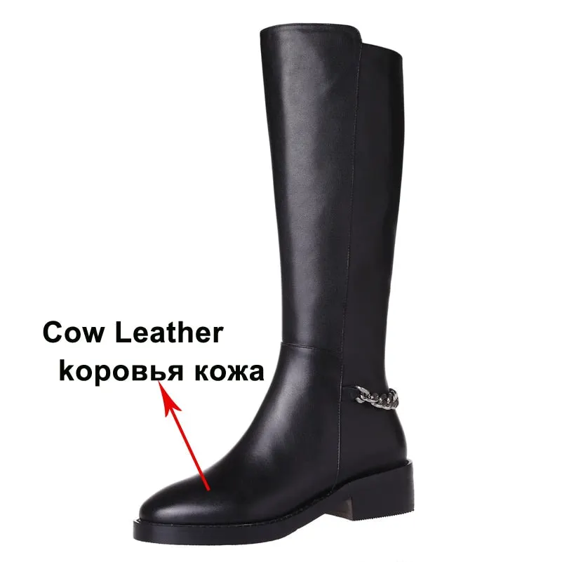 Meotina Genuine Leather Riding Boots Women Shoes Chain Thick Heel Knee High Boots Med Heel Round Toe Zipper Lady Boots Autumn 43